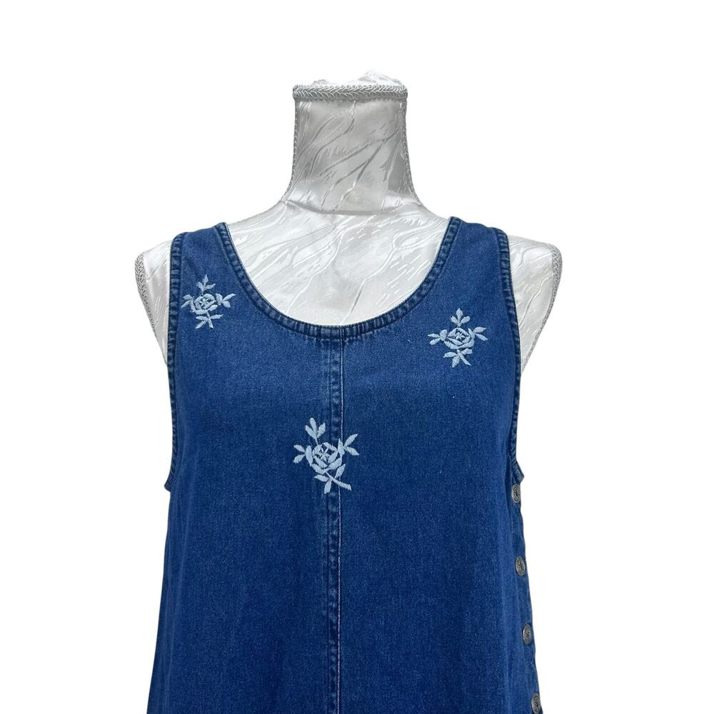 Vintage Embroidered Denim Dress Floral Sleeveless Button Side Blue Womens Small - Picture 3 of 11